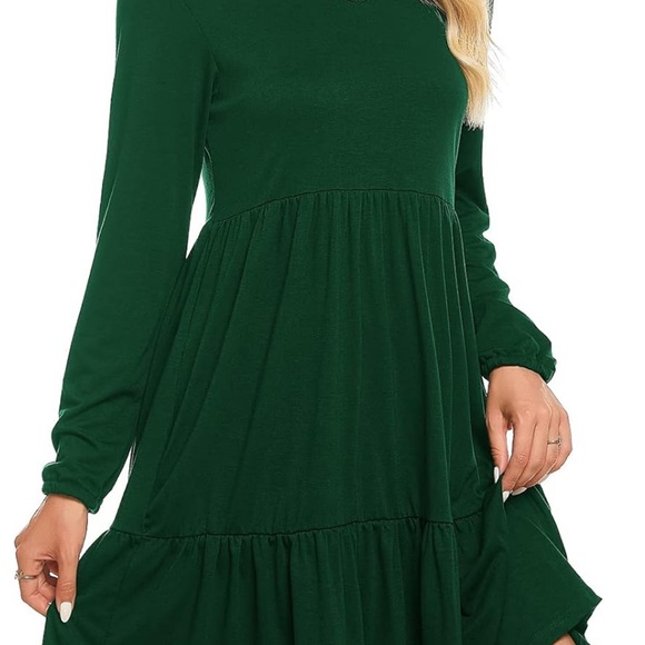 Women's Casual Fall V-Neck Long Sleeve Tiered Dress Cotton with pockets - Picture 3 of 3